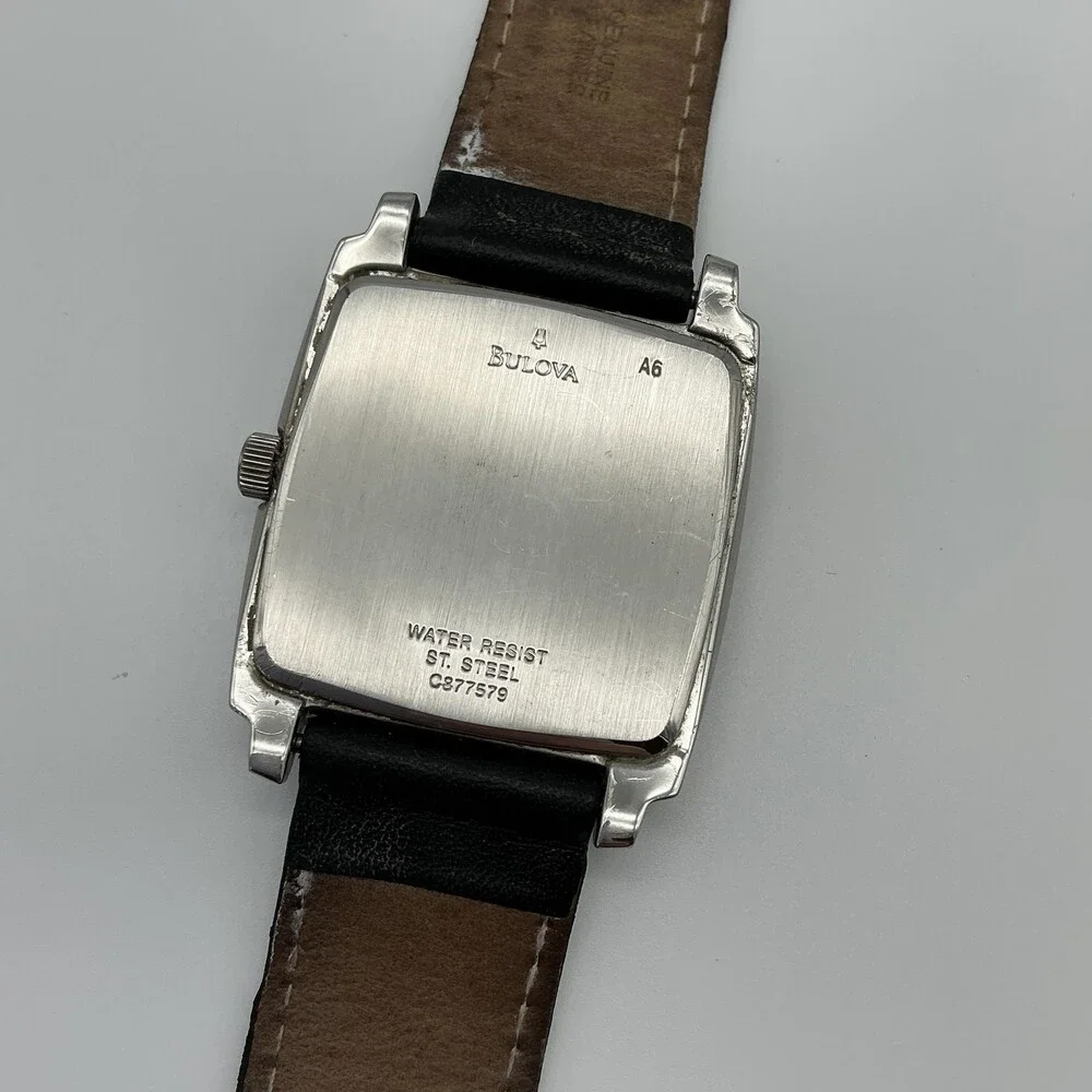 Caravelle By Bulova Mens Square Watch 36mm Black Dial Black Leather New Battery